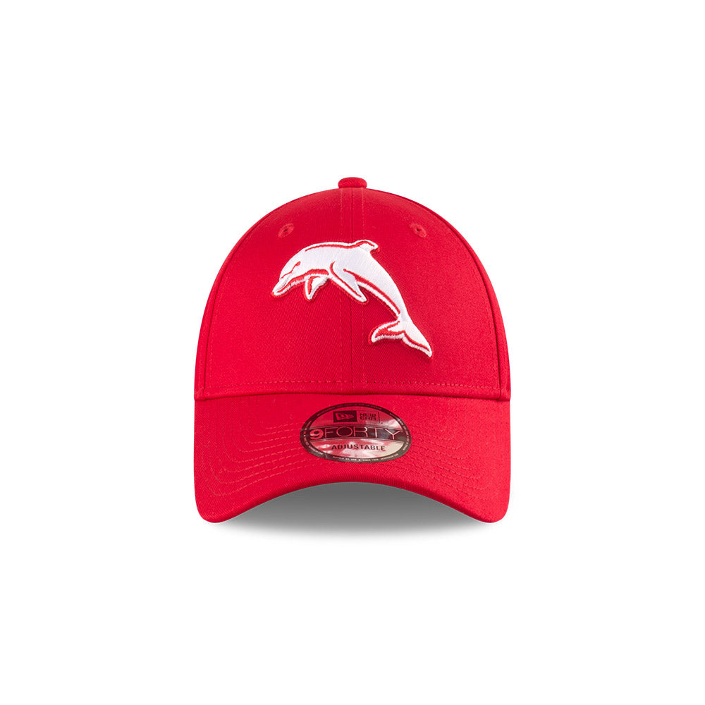 The Dolphins Youth Hat - NRL 2025 Badged Red OTC 9Forty Kids Strapback Cap - New Era
